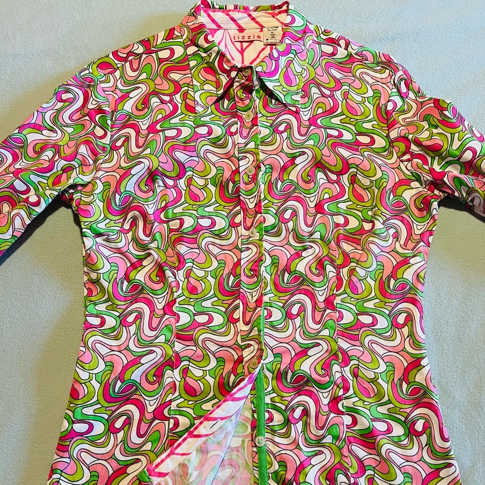 Vibrant Swirl Pattern Blouse - Pink and Green